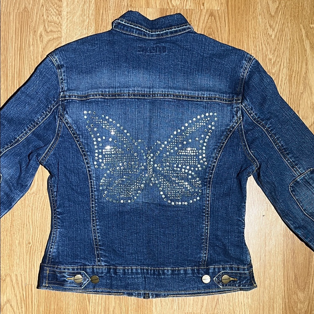 Denim Zip Up Jacket with Rhinestone Butterfly